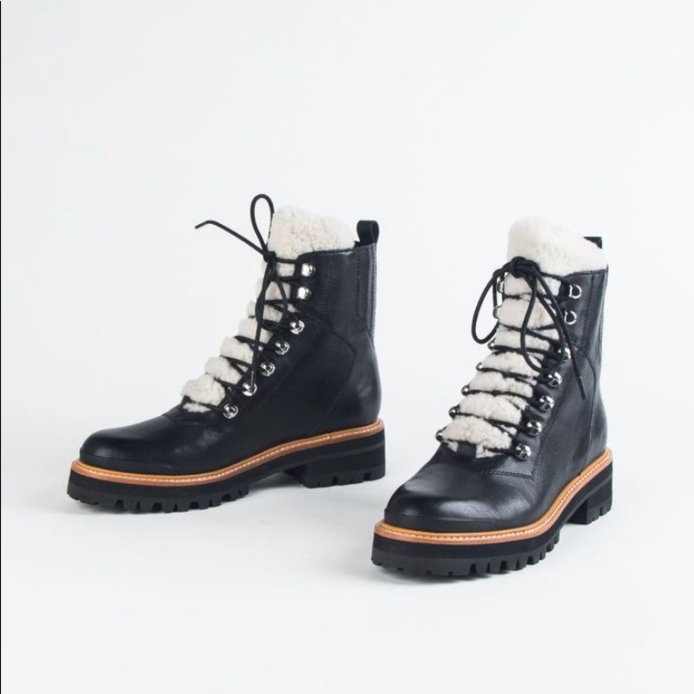 Marc Fisher Black Leather Shearling-Trim Lace-Up Winter Boots